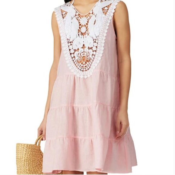 MIGUELINA PINK LINEN AND LACE DRESS MEDIUM - Picture 1 of 8